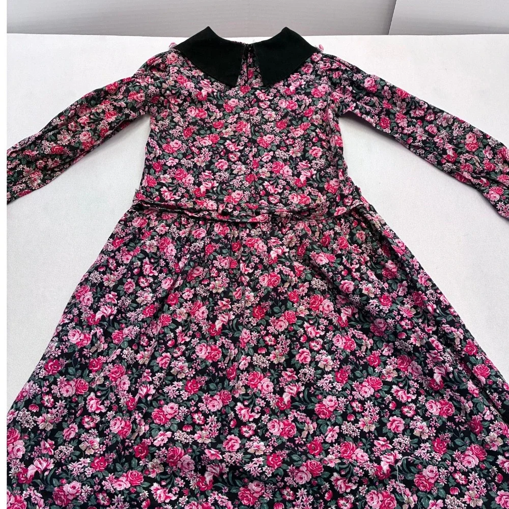 Vintage Chocolate Soup Girls Floral Dress Black Corduroy Collar Pink Roses USA
